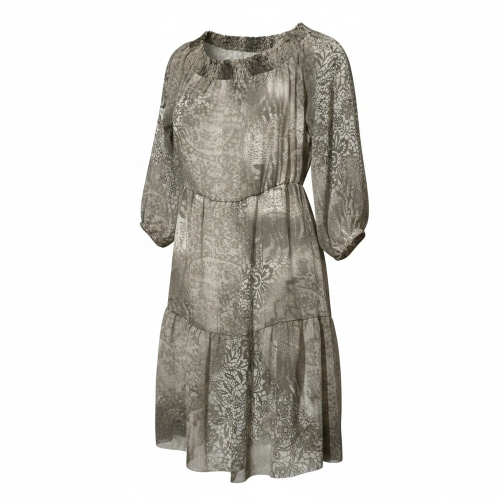 New York & Company Gray Mixed Lace Snake Print Smocked Peasant Midi Dress Large